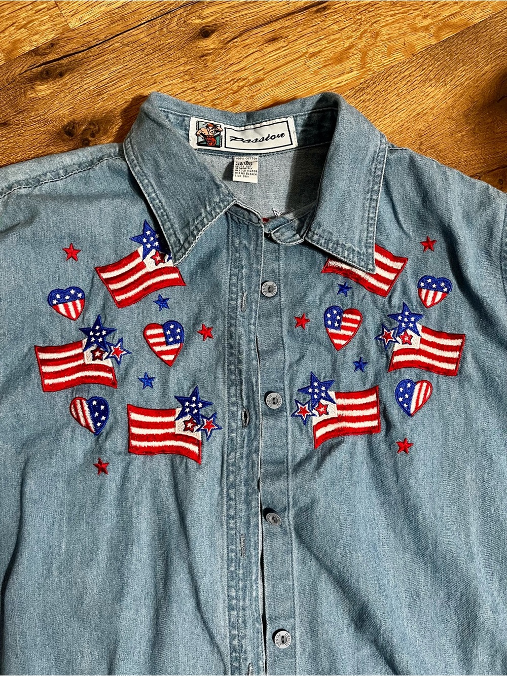 Embroidered American Flag Denim Shirt - Red, White & Blue
